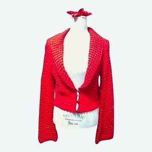 Cool Attitude Red Sequin Knit Cropped Cardigan Sweater with Flare Sleeves
Size S